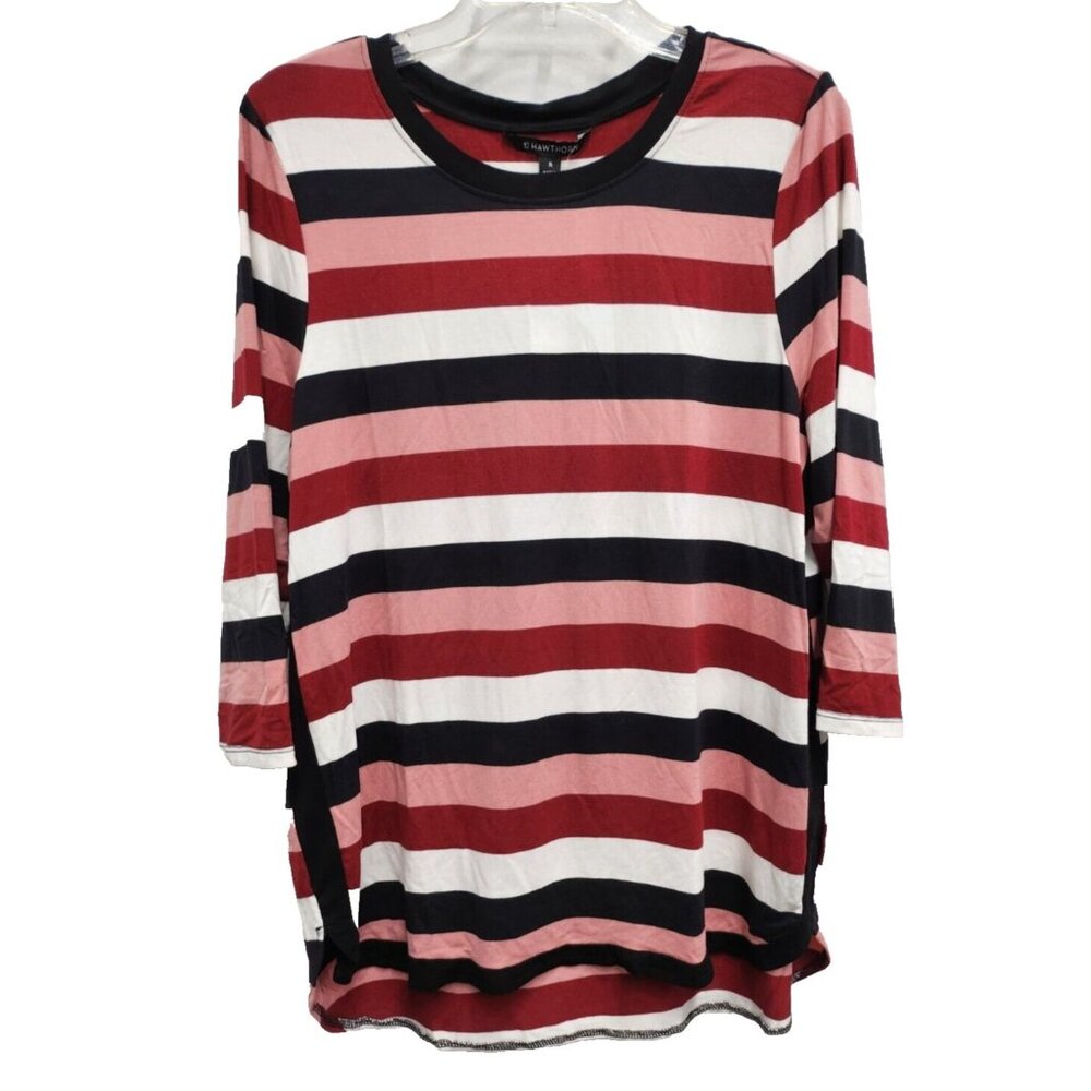 41 Hawthon Stitch Fix Womens Top XL Burgundy Striped Contrast Hem 3/4 Sleeve NEW